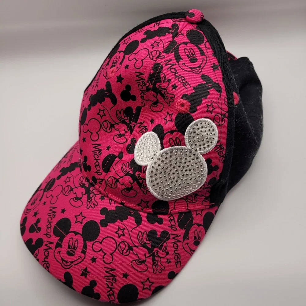 Disney Park, Mickey Mouse Youth, Cap, Pink Black With Rhinestones Adjustable